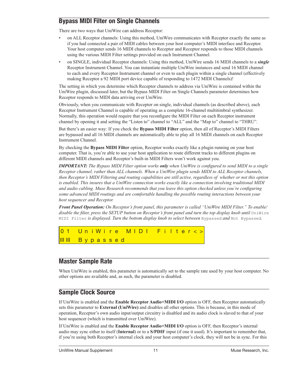 Bypass midi filter on single channels, Master sample rate, Sample clock source | Muse Research UniWire manual supplement User Manual | Page 11 / 38