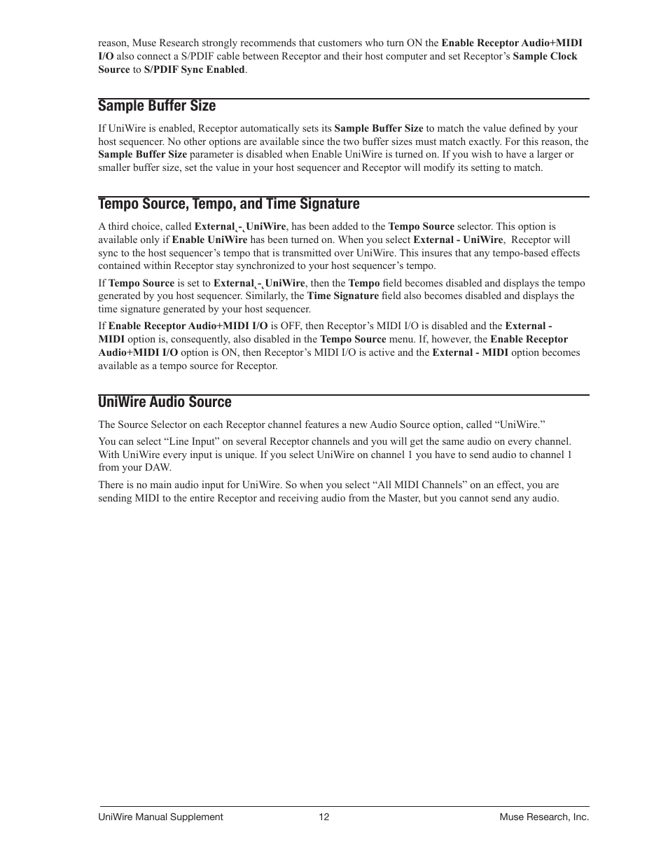 Sample buffer size, Tempo source, tempo, and time signature, Uniwire audio source | Muse Research UniWire manual supplement User Manual | Page 12 / 38