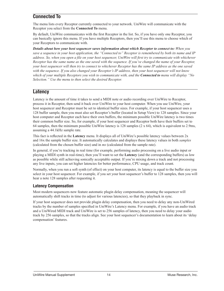 Connected to, Latency | Muse Research UniWire manual supplement User Manual | Page 14 / 38