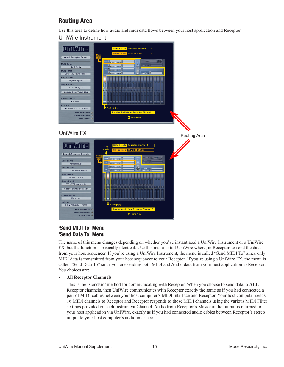 Routing area, Send midi to (send data to) menu | Muse Research UniWire manual supplement User Manual | Page 15 / 38