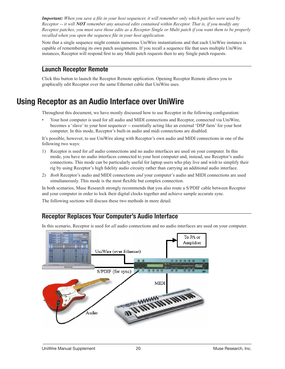 Launch receptor remote, Using receptor as an audio interface over uniwire, Receptor replaces your computer’s audio interface | Muse Research UniWire manual supplement User Manual | Page 20 / 38
