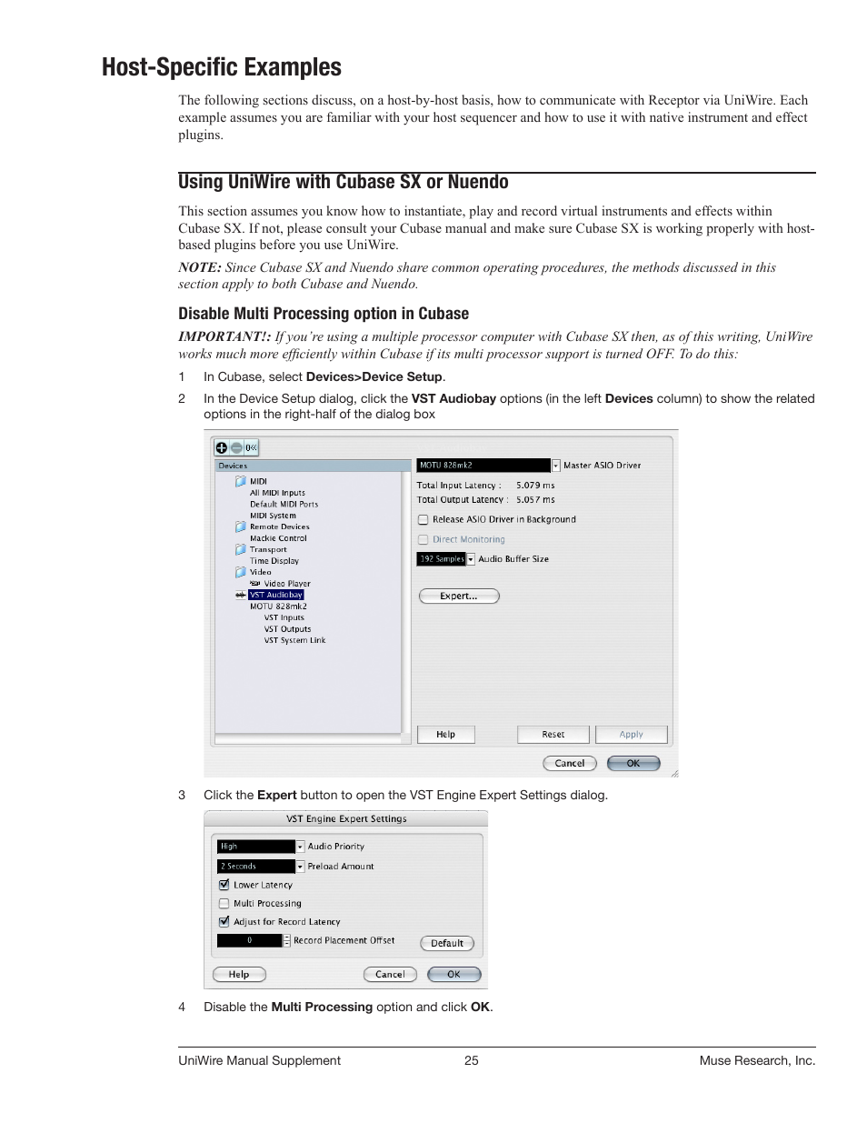 Host-specific examples, Using uniwire with cubase sx or nuendo, Disable multi processing option in cubase | Muse Research UniWire manual supplement User Manual | Page 25 / 38