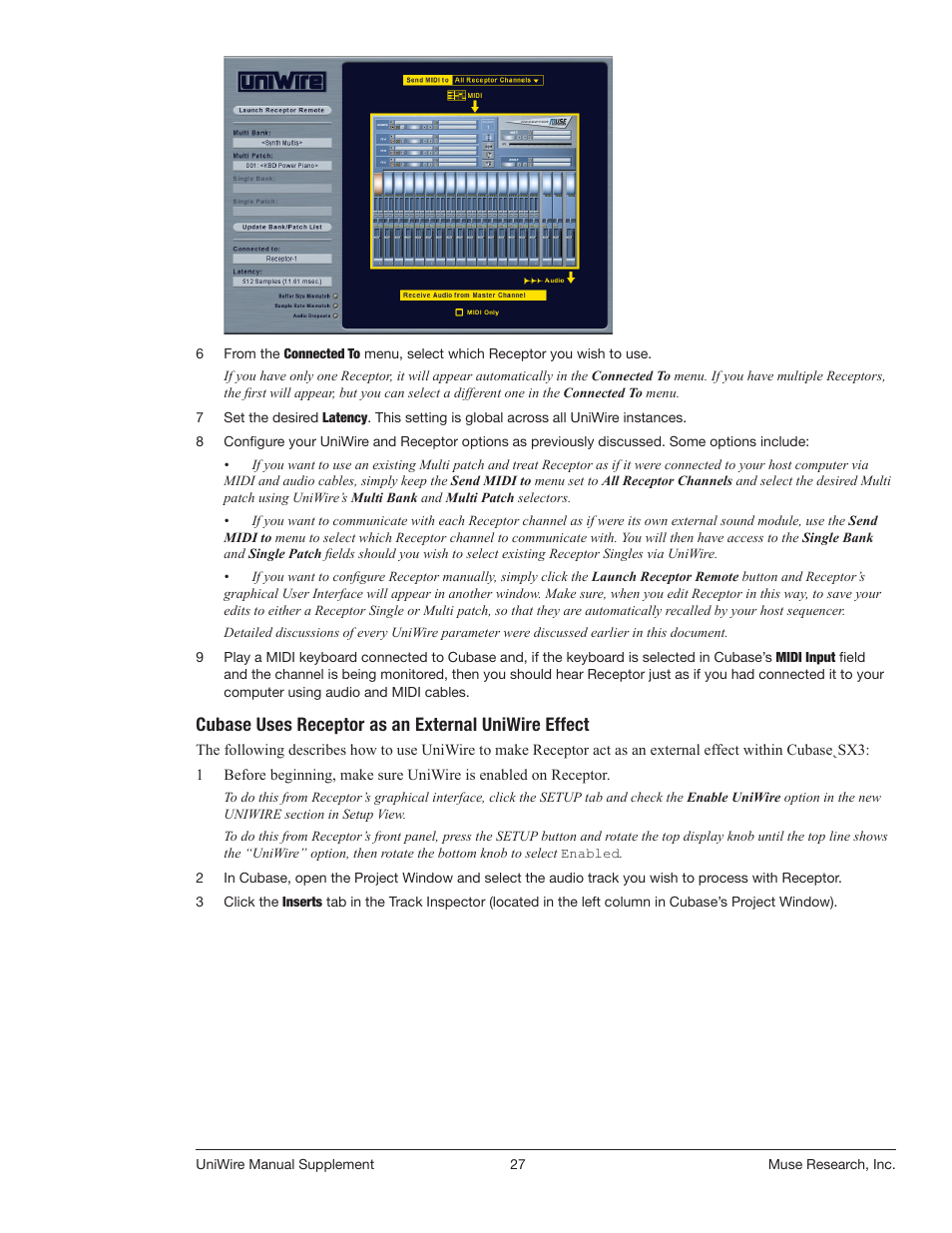 Cubase uses receptor as an external uniwire effect | Muse Research UniWire manual supplement User Manual | Page 27 / 38