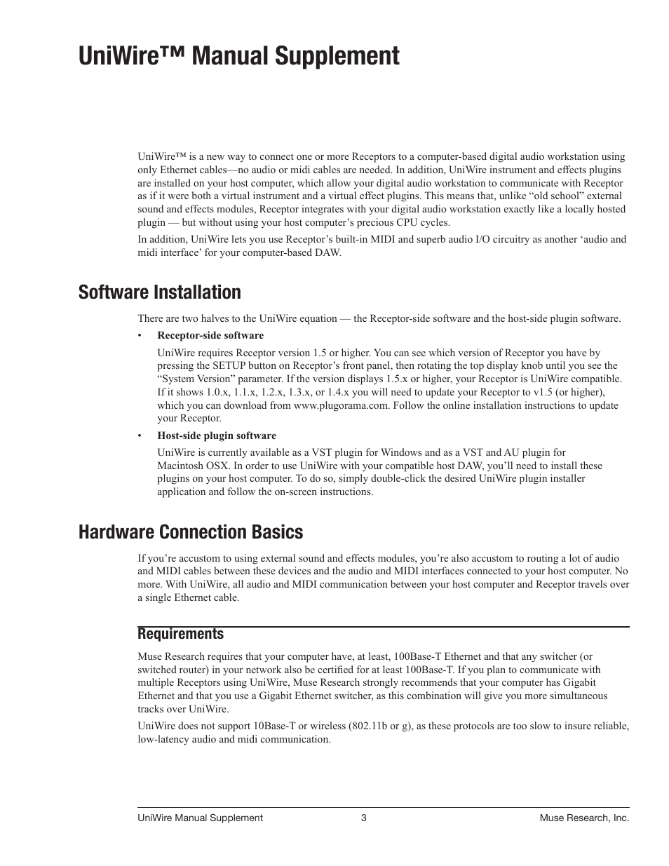 Software installation, Hardware connection basics, Requirements | Uniwire™ manual supplement | Muse Research UniWire manual supplement User Manual | Page 3 / 38