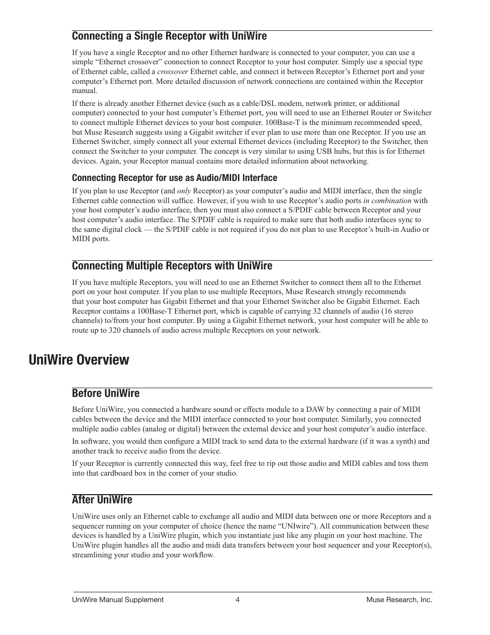 Connecting a single receptor with uniwire, Connecting multiple receptors with uniwire, Uniwire overview | Muse Research UniWire manual supplement User Manual | Page 4 / 38
