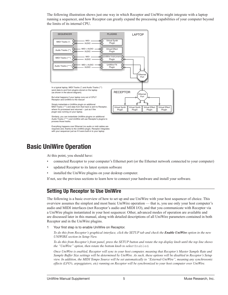 Basic uniwire operation, Setting up receptor to use uniwire, Uniwiremanualsupplement 5 museresearch,inc | Muse Research UniWire manual supplement User Manual | Page 5 / 38