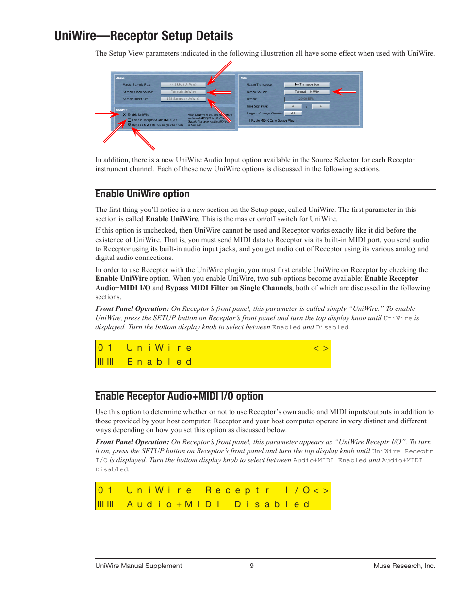 Uniwire—receptor setup details, Enable uniwire option, Enable receptor audio+midi i/o option | Muse Research UniWire manual supplement User Manual | Page 9 / 38