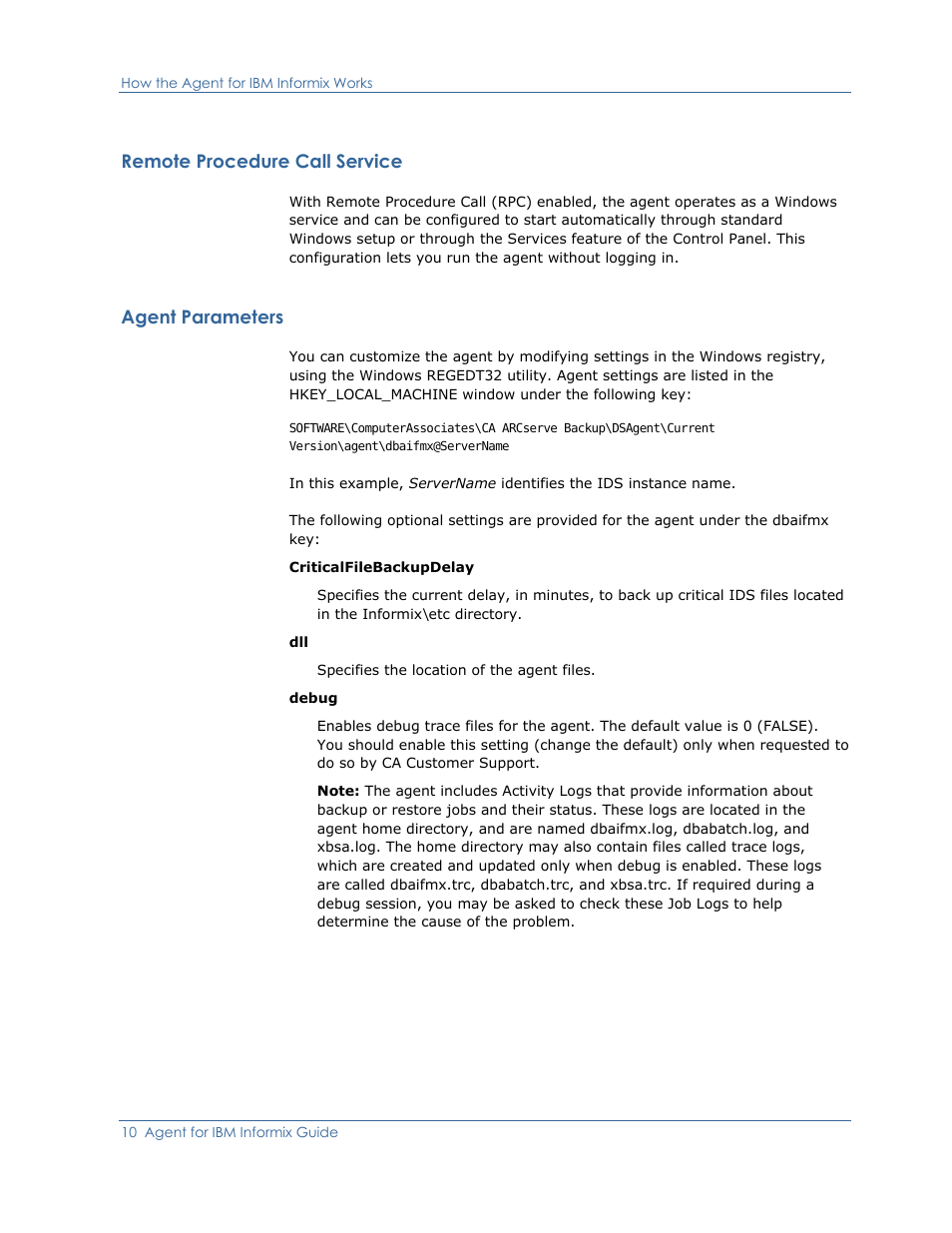 Remote procedure call service, Agent parameters | CA Technologies Agent for IBM R12.5 User Manual | Page 10 / 54