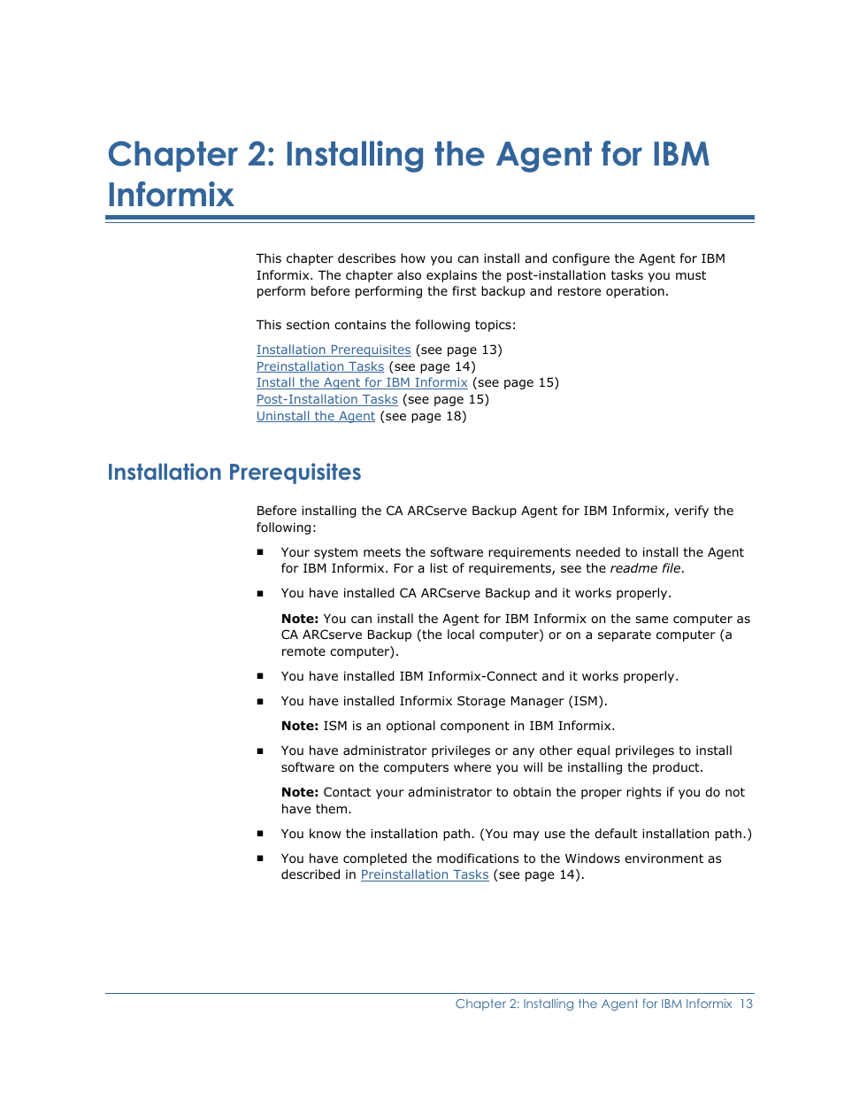 Installing the agent for ibm informix, Installation prerequisites, Chapter 2: installing the agent for ibm informix | CA Technologies Agent for IBM R12.5 User Manual | Page 13 / 54