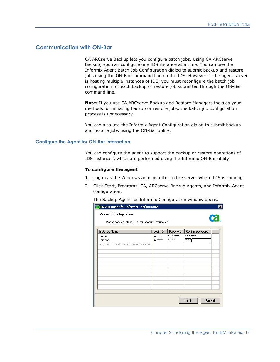 Communication with on-bar, Configure the agent for on-bar interaction | CA Technologies Agent for IBM R12.5 User Manual | Page 17 / 54