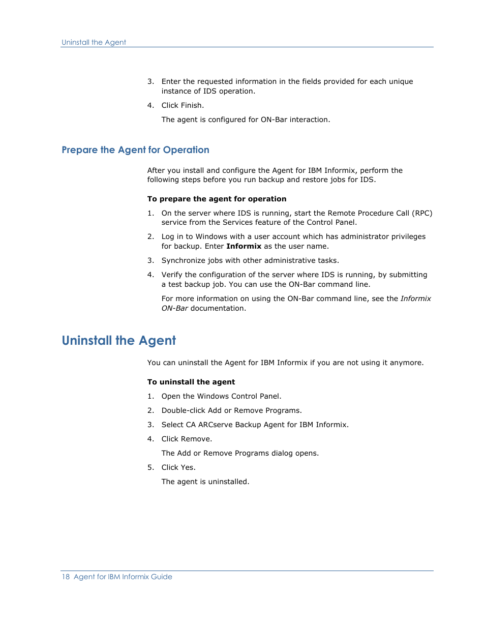 Prepare the agent for operation, Uninstall the agent | CA Technologies Agent for IBM R12.5 User Manual | Page 18 / 54