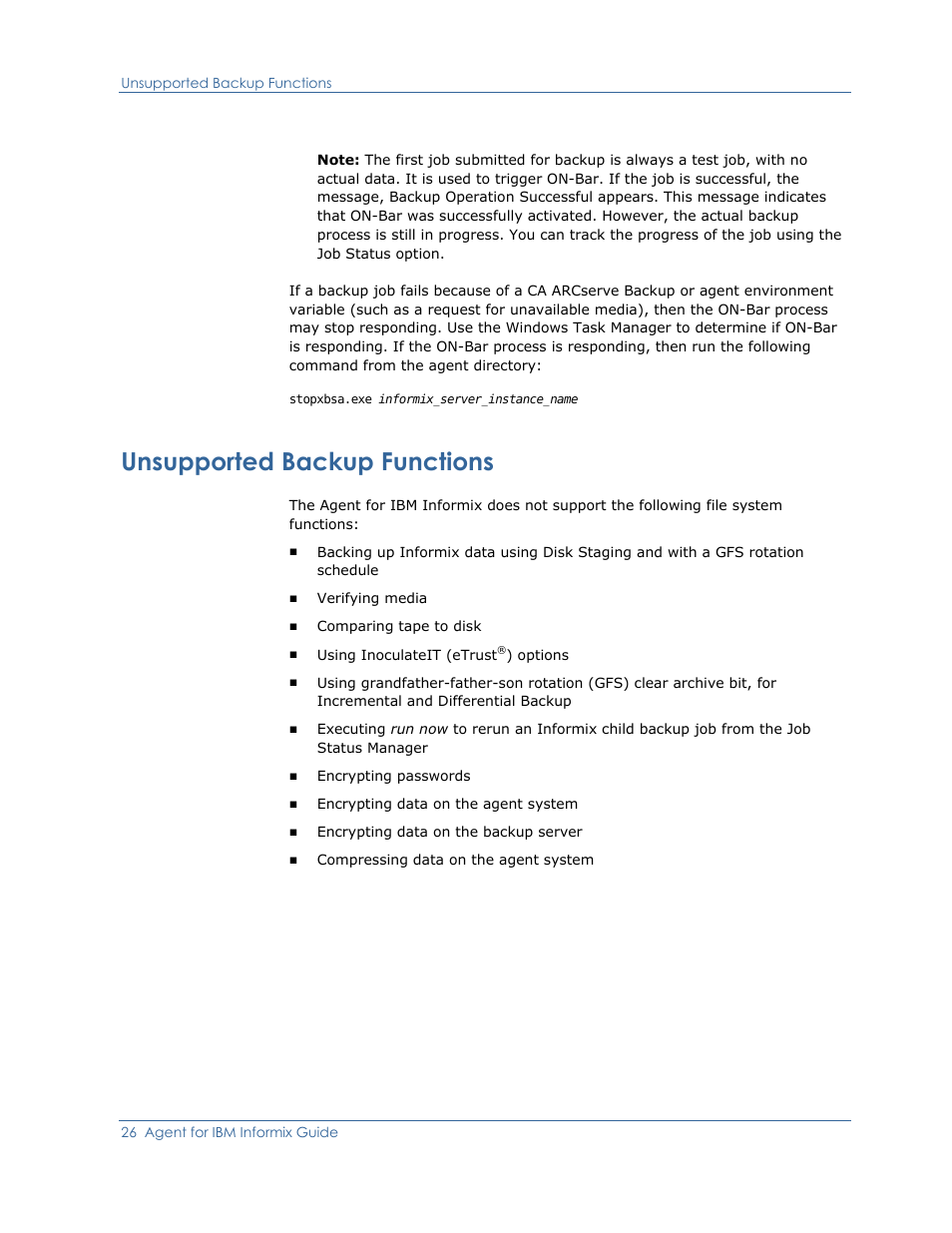 Unsupported backup functions | CA Technologies Agent for IBM R12.5 User Manual | Page 26 / 54