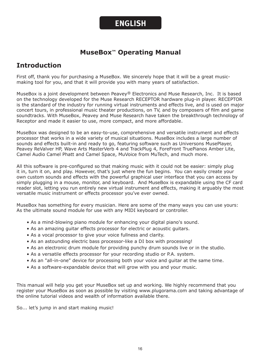 English, Musebox, Operating manual introduction | Muse Research Musebox manual v1.0 User Manual | Page 16 / 52