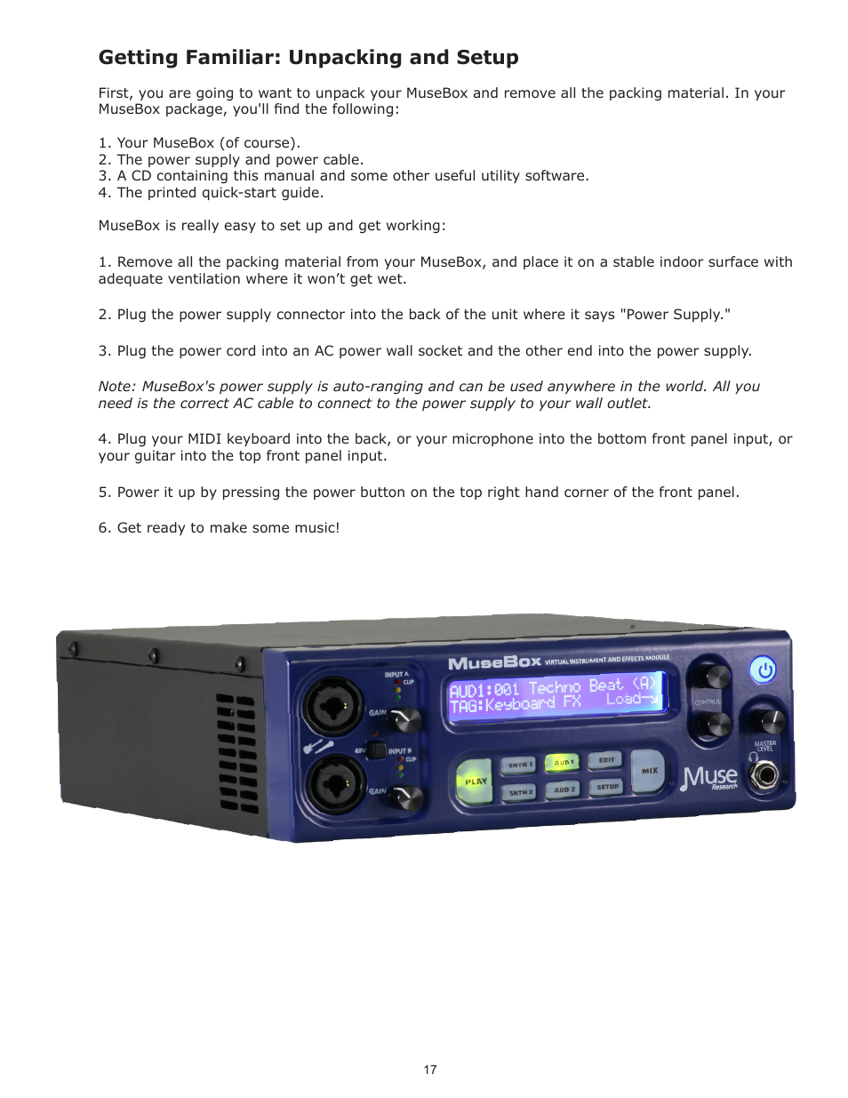 Getting familiar: unpacking and setup | Muse Research Musebox manual v1.0 User Manual | Page 17 / 52
