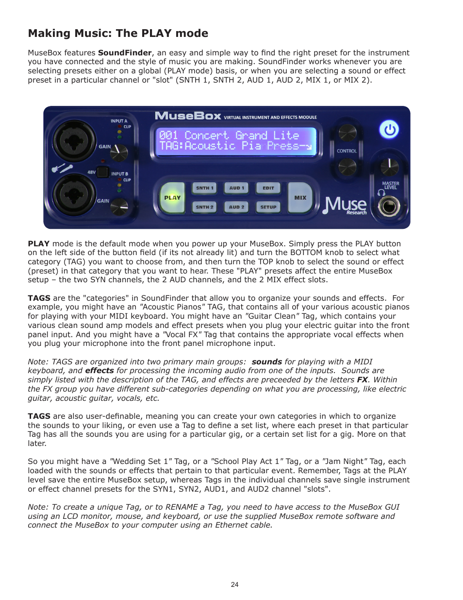 Making music: the play mode | Muse Research Musebox manual v1.0 User Manual | Page 24 / 52