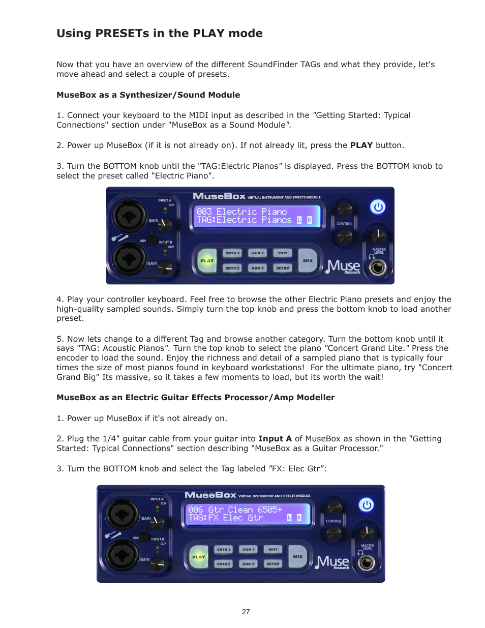 Using presets in the play mode | Muse Research Musebox manual v1.0 User Manual | Page 27 / 52