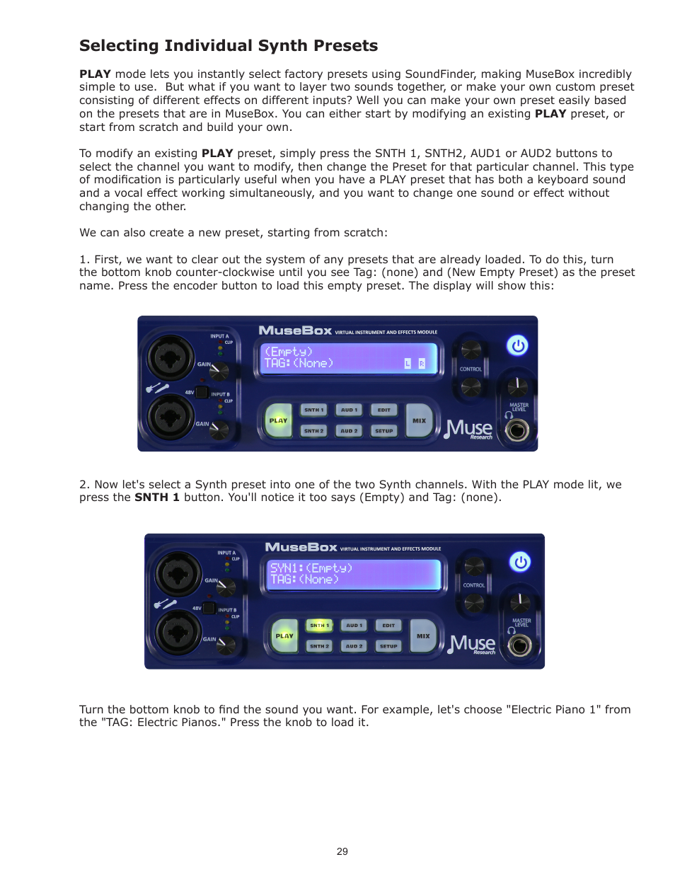 Selecting individual synth presets | Muse Research Musebox manual v1.0 User Manual | Page 29 / 52