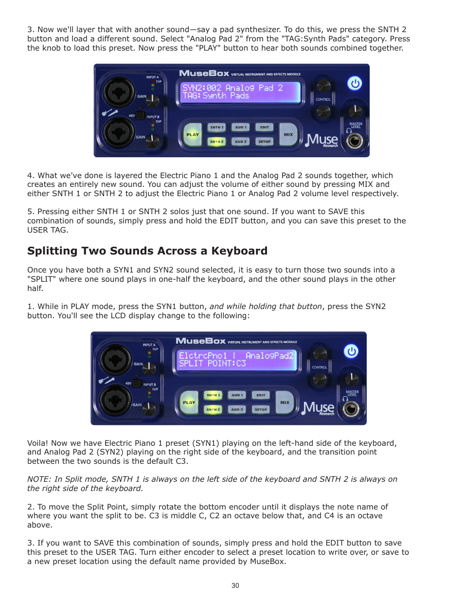 Splitting two sounds across a keyboard | Muse Research Musebox manual v1.0 User Manual | Page 30 / 52