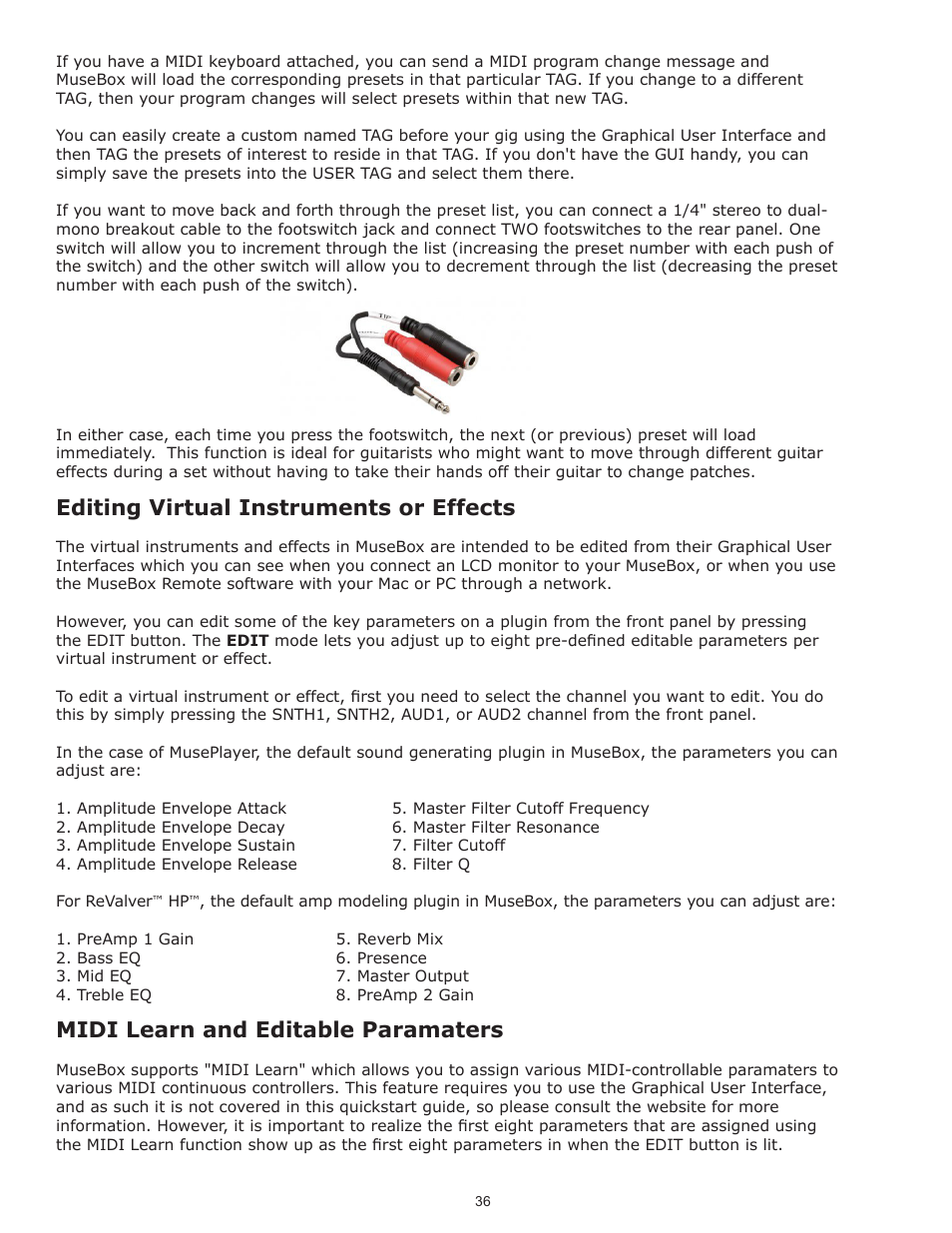 Editing virtual instruments or effects, Midi learn and editable paramaters | Muse Research Musebox manual v1.0 User Manual | Page 36 / 52
