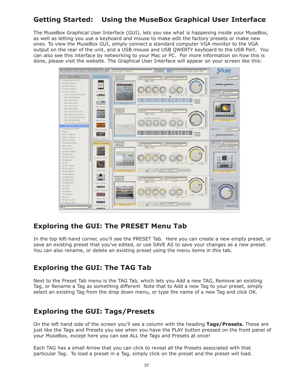 Exploring the gui: the preset menu tab, Exploring the gui: the tag tab, Exploring the gui: tags/presets | Muse Research Musebox manual v1.0 User Manual | Page 37 / 52