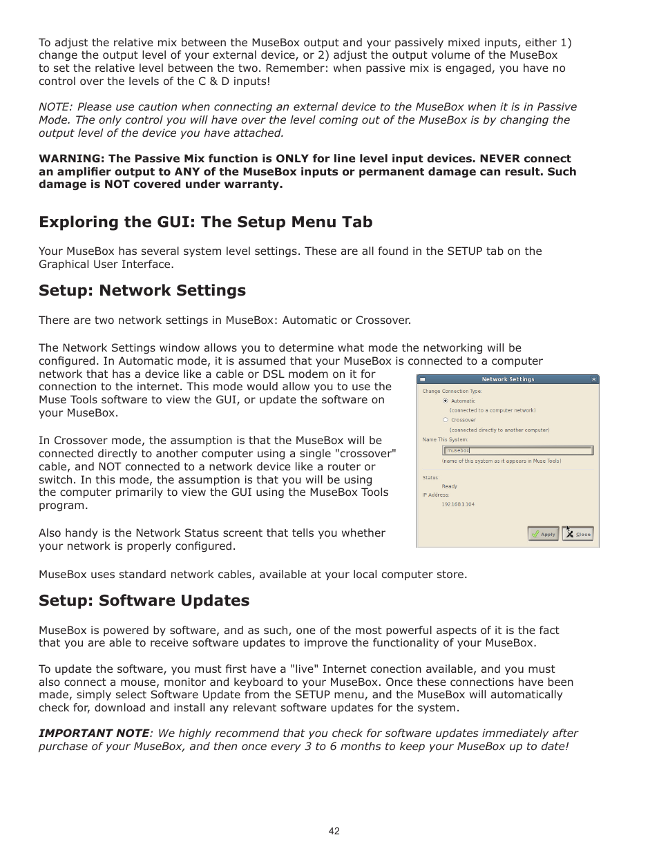 Exploring the gui: the setup menu tab, Setup: network settings, Setup: software updates | Muse Research Musebox manual v1.0 User Manual | Page 42 / 52