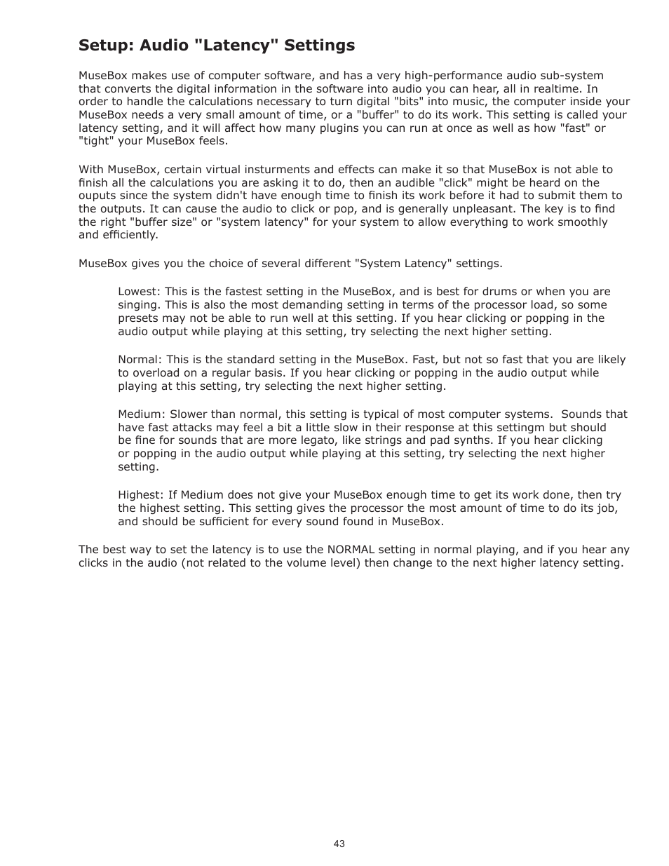 Setup: audio "latency" settings | Muse Research Musebox manual v1.0 User Manual | Page 43 / 52