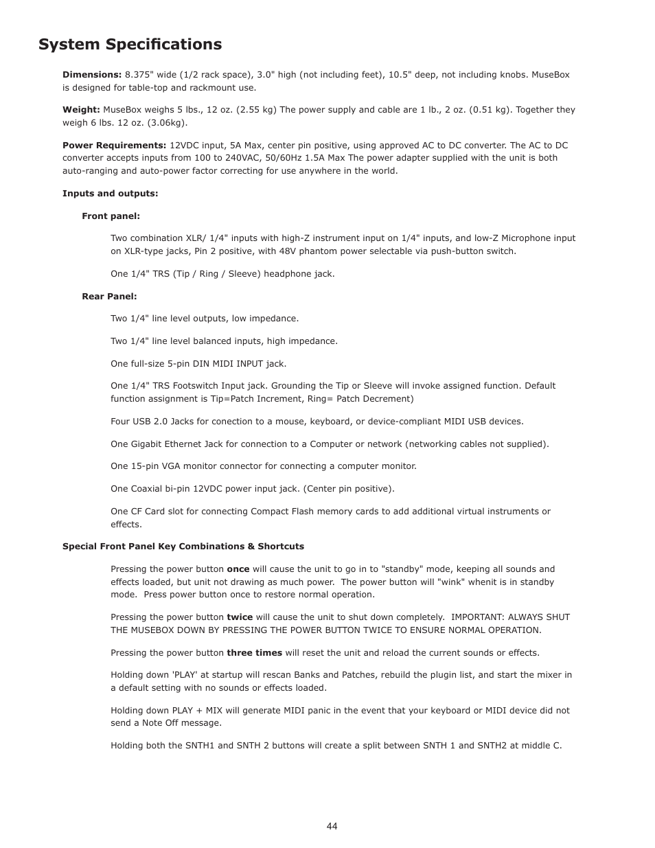 System specifications | Muse Research Musebox manual v1.0 User Manual | Page 44 / 52