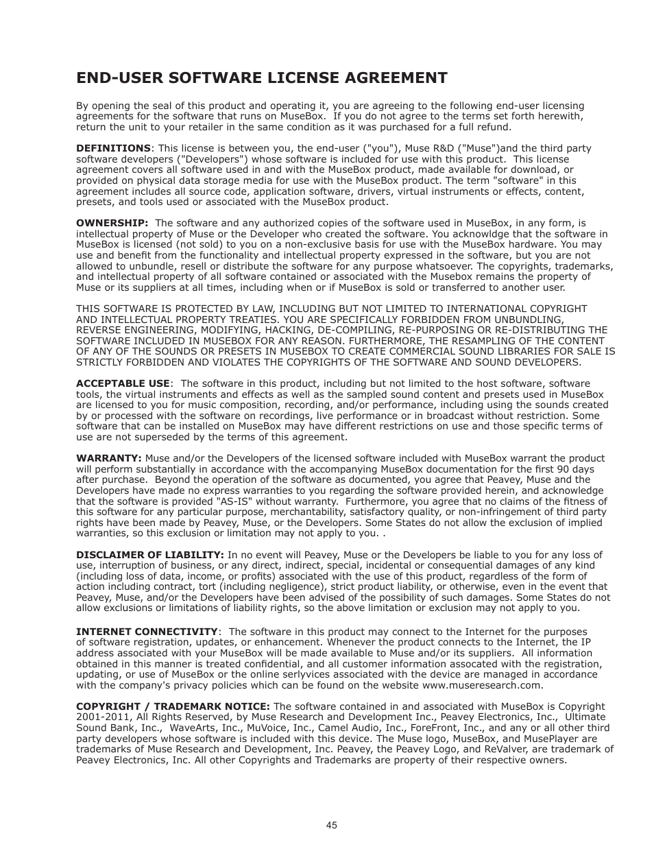 End-user software license agreement | Muse Research Musebox manual v1.0 User Manual | Page 45 / 52