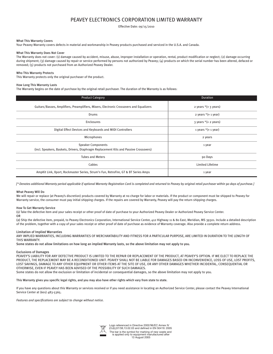 Peavey electronics corporation limited warranty | Muse Research Musebox manual v1.0 User Manual | Page 47 / 52