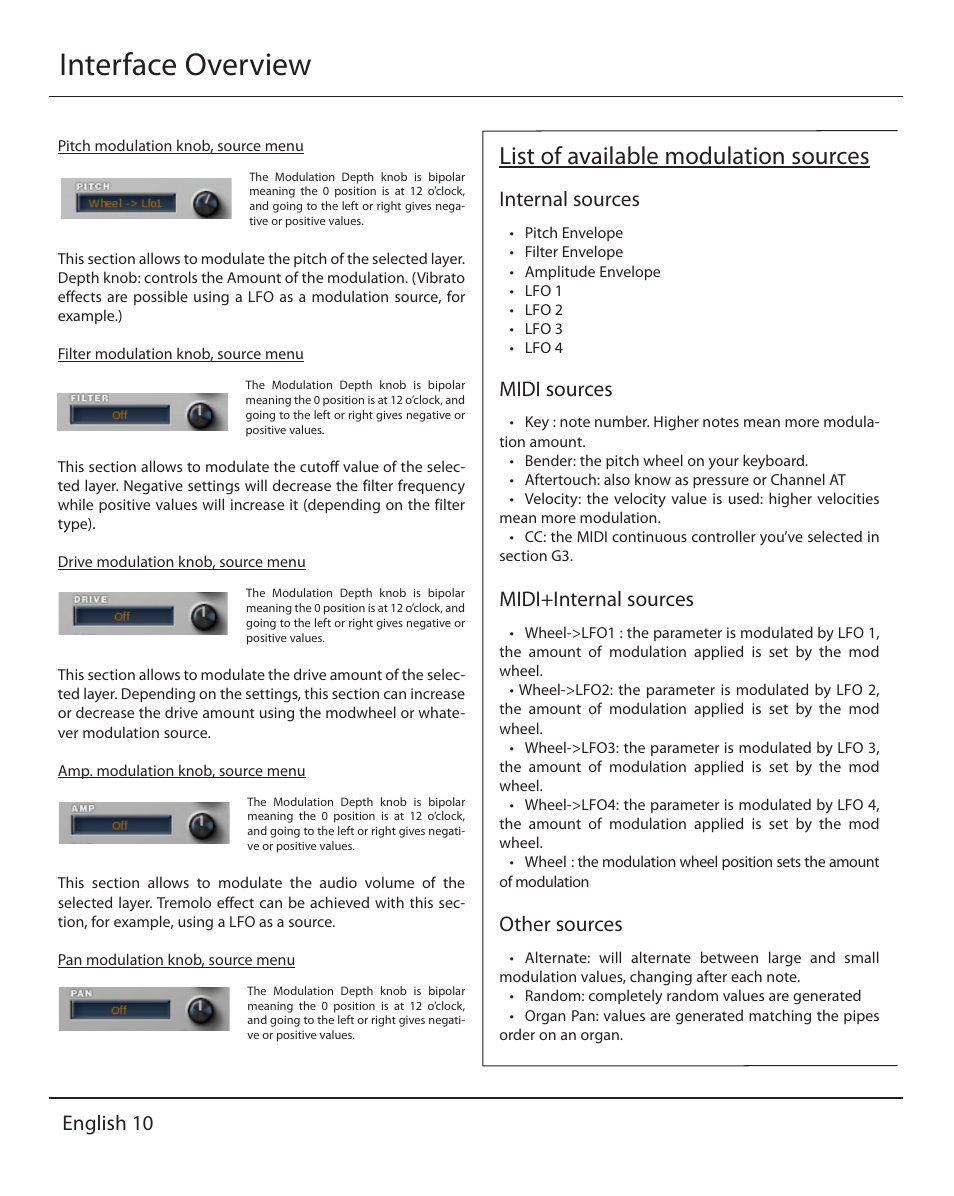 Interface overview, List of available modulation sources, Internal sources | Midi sources, Midi+internal sources, Other sources, English 10 | Muse Research MusePlayer manual v1.0 User Manual | Page 10 / 24