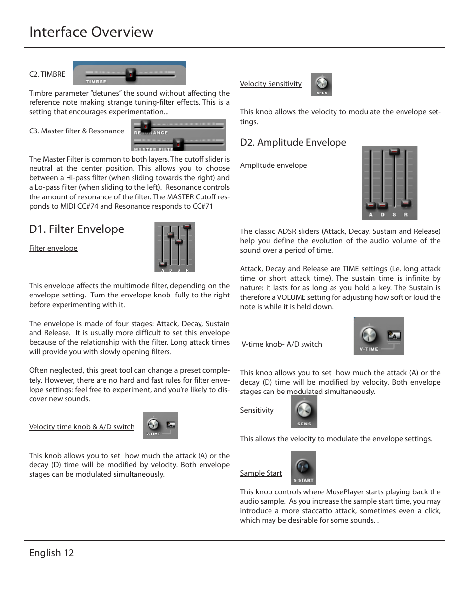 Interface overview, D1. filter envelope, English 12 | D2. amplitude envelope | Muse Research MusePlayer manual v1.0 User Manual | Page 12 / 24