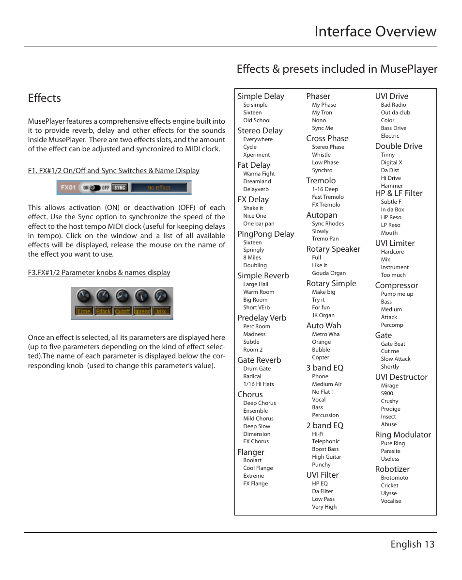 Interface overview, Effects, Effects & presets included in museplayer | English 13 | Muse Research MusePlayer manual v1.0 User Manual | Page 13 / 24