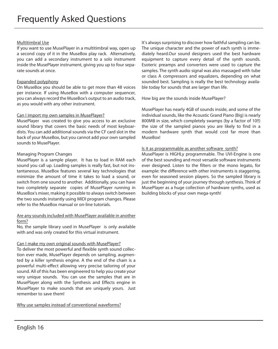 Frequently asked questions, English 16 | Muse Research MusePlayer manual v1.0 User Manual | Page 16 / 24