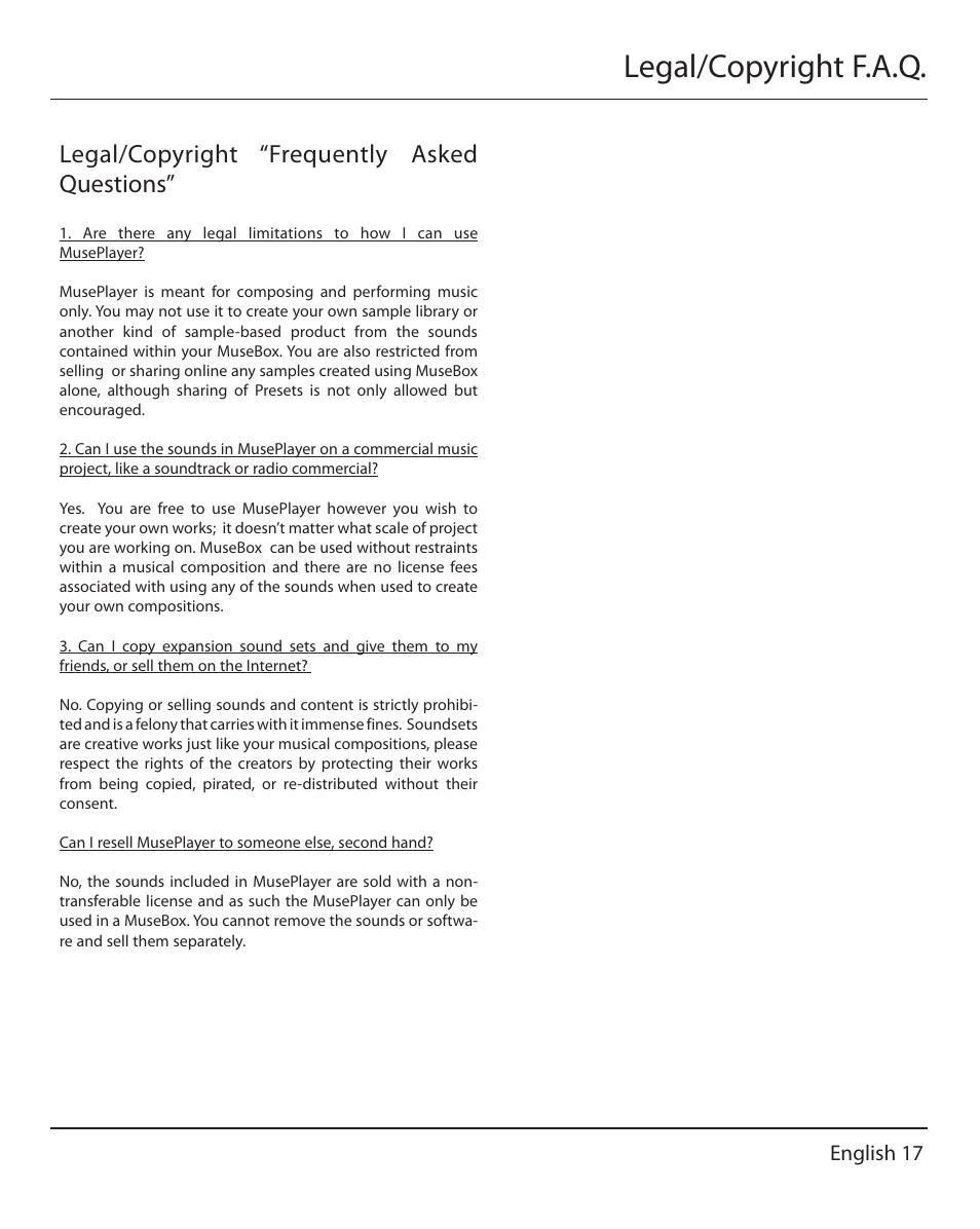 Legal/copyright f.a.q, Legal/copyright “frequently asked questions, English 17 | Muse Research MusePlayer manual v1.0 User Manual | Page 17 / 24