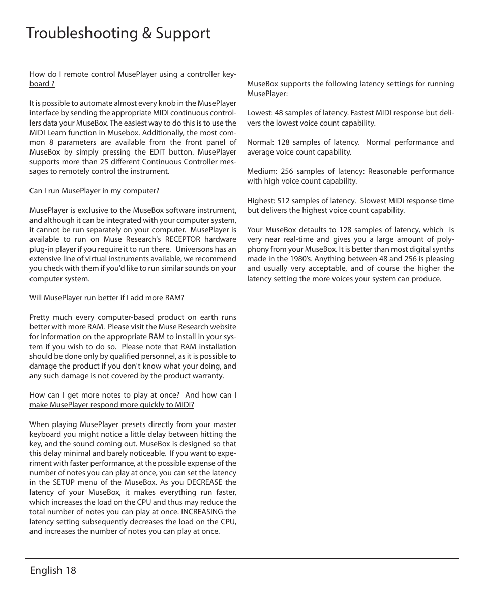 Troubleshooting & support, English 18 | Muse Research MusePlayer manual v1.0 User Manual | Page 18 / 24