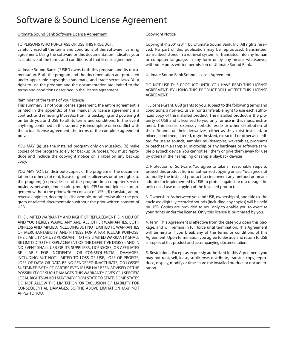 Software & sound license agreement | Muse Research MusePlayer manual v1.0 User Manual | Page 2 / 24