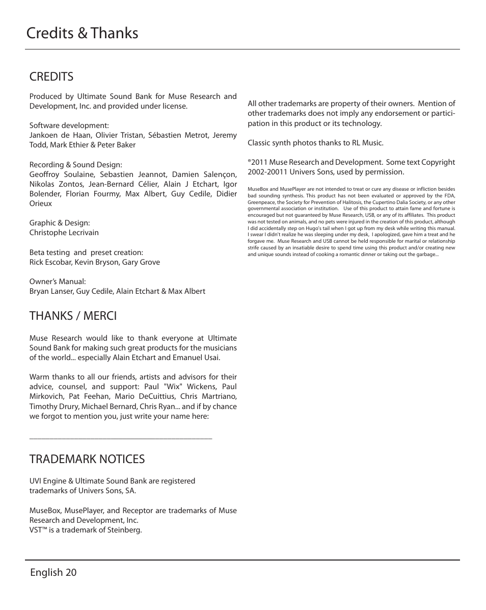 Credits, Trademark notices, English 20 | Muse Research MusePlayer manual v1.0 User Manual | Page 20 / 24