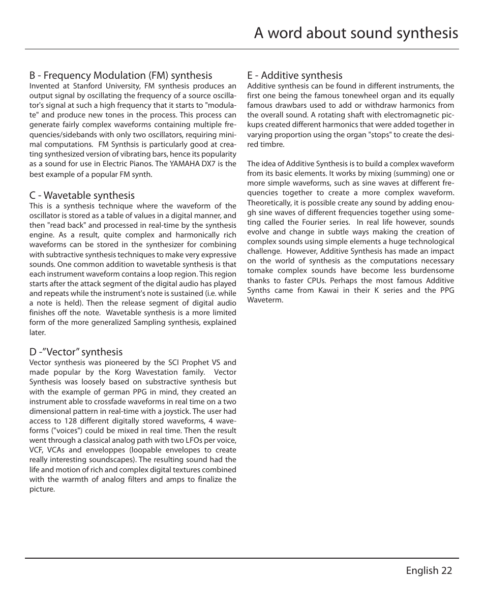 A word about sound synthesis, English 22 b - frequency modulation (fm) synthesis, C - wavetable synthesis | D -”vector” synthesis, E - additive synthesis | Muse Research MusePlayer manual v1.0 User Manual | Page 22 / 24