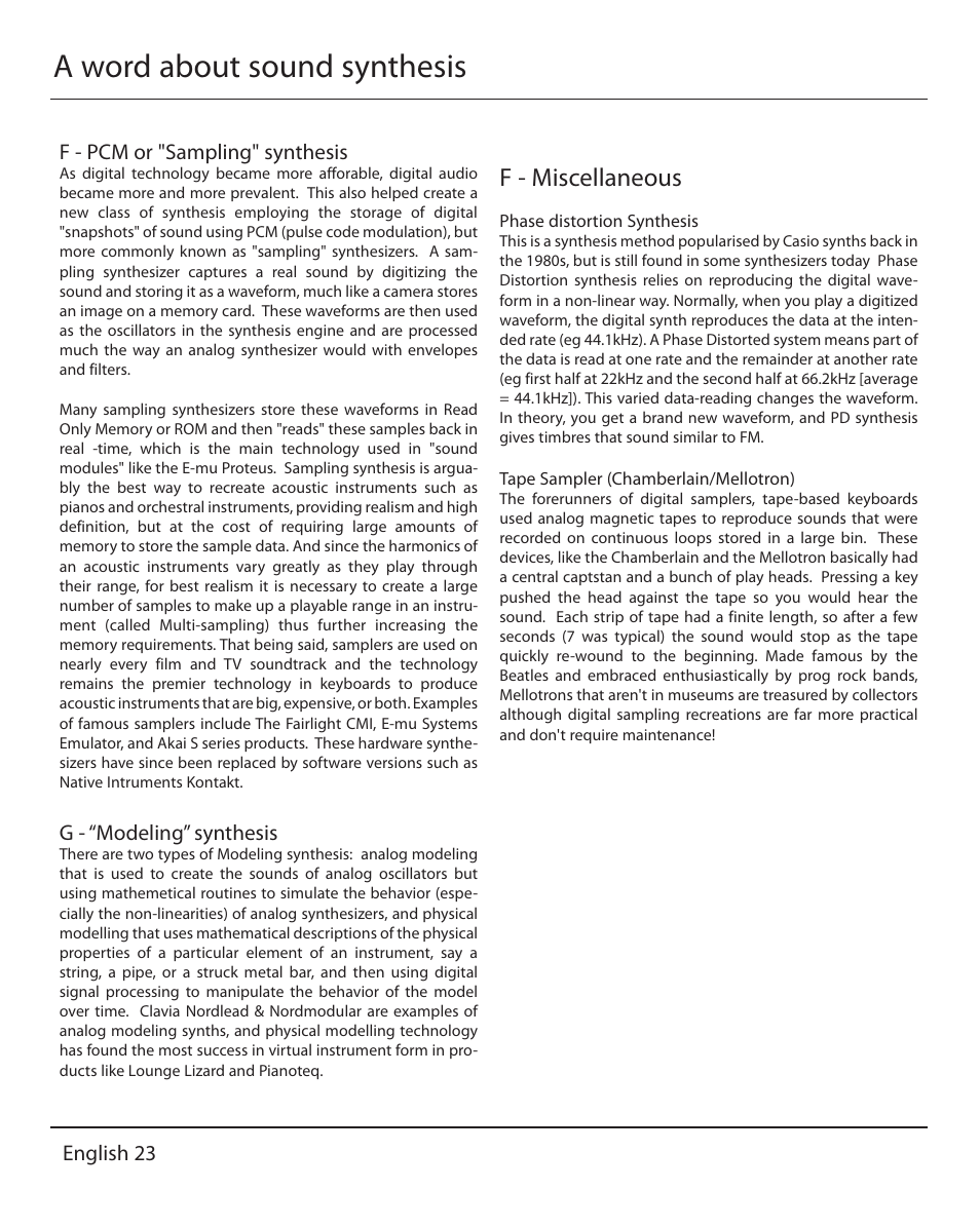A word about sound synthesis, F - miscellaneous, F - pcm or "sampling" synthesis | G - “modeling” synthesis, English 23 | Muse Research MusePlayer manual v1.0 User Manual | Page 23 / 24