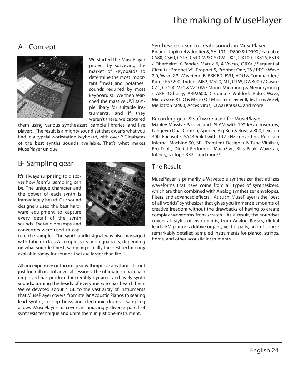 The making of museplayer, A - concept, B- sampling gear | The result, English 24 | Muse Research MusePlayer manual v1.0 User Manual | Page 24 / 24