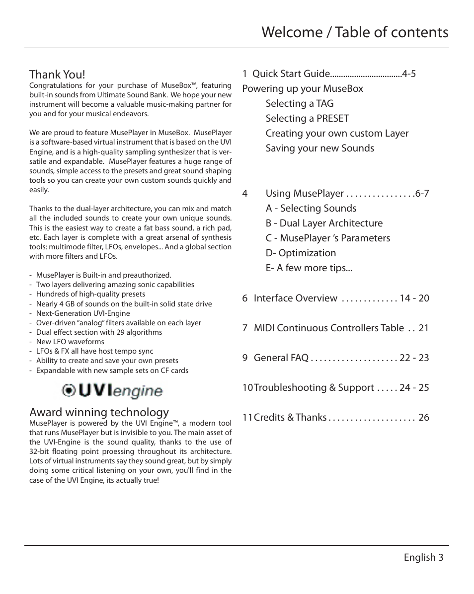 Welcome / table of contents, Award winning technology, English 3 | Muse Research MusePlayer manual v1.0 User Manual | Page 3 / 24