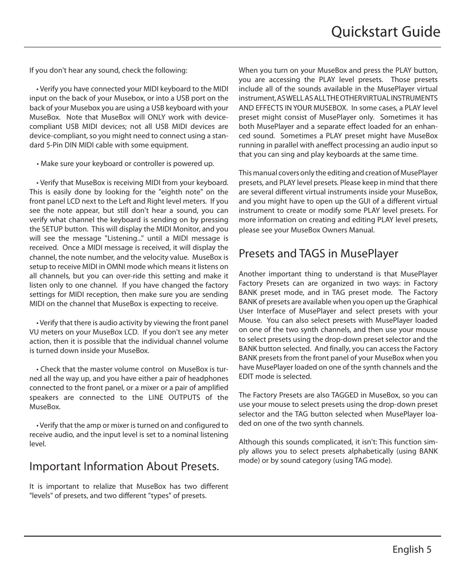 Quickstart guide, Important information about presets, Presets and tags in museplayer | English 5 | Muse Research MusePlayer manual v1.0 User Manual | Page 5 / 24