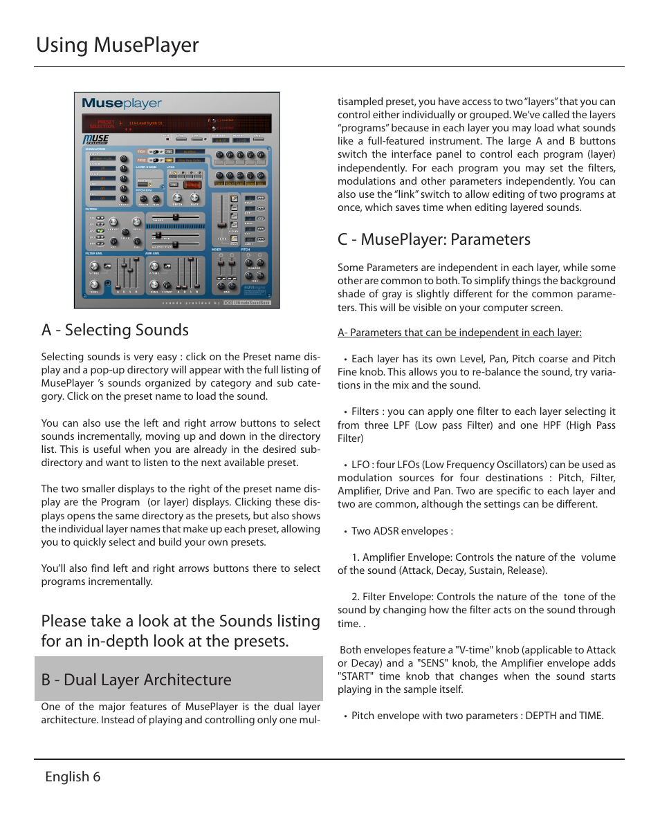 Using museplayer, A - selecting sounds, C - museplayer: parameters | English 6 | Muse Research MusePlayer manual v1.0 User Manual | Page 6 / 24
