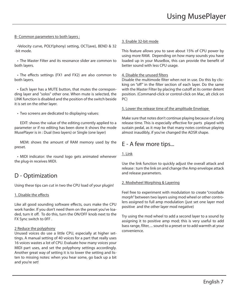 Using museplayer, D - optimization, E - a few more tips | English 7 | Muse Research MusePlayer manual v1.0 User Manual | Page 7 / 24