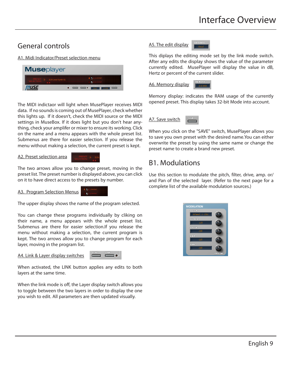 Interface overview, General controls, B1. modulations | English 9 | Muse Research MusePlayer manual v1.0 User Manual | Page 9 / 24