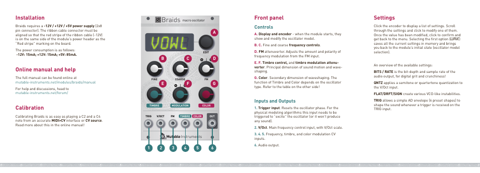 Settings, Installation, Online manual and help | Calibration, Front panel, Controls, Inputs and outputs | Mutable Instruments Braids User Manual | Page 2 / 2