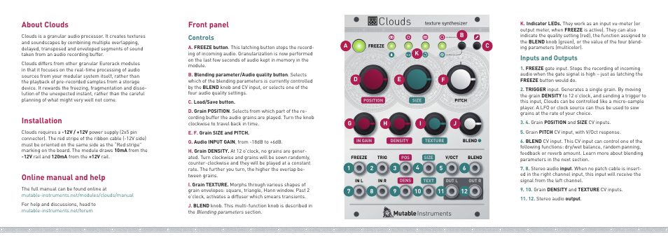 About clouds, Installation, Online manual and help | Front panel, Controls, Inputs and outputs | Mutable Instruments Clouds User Manual | Page 2 / 2