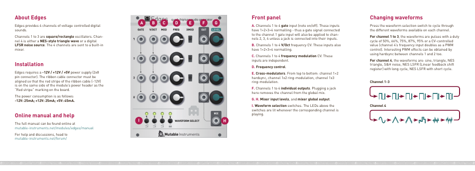 About edges, Installation, Online manual and help | Front panel, Changing waveforms | Mutable Instruments Edges User Manual | Page 2 / 2