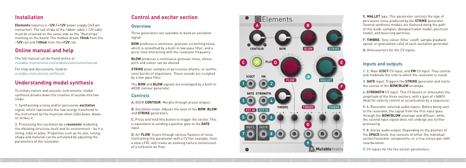 Installation, Online manual and help, Understanding modal synthesis | Overview, Controls, Inputs and outputs | Mutable Instruments Elements User Manual | Page 2 / 2