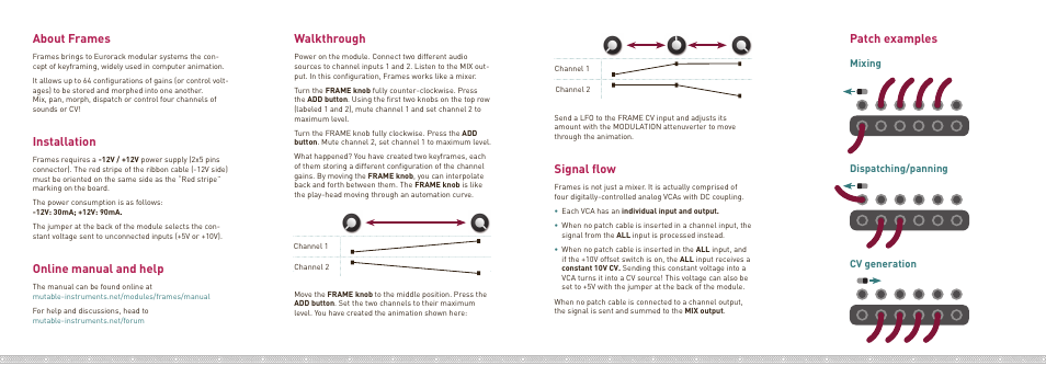 About frames, Installation, Online manual and help | Walkthrough, Signal flow, Patch examples, Mixing, Dispatching/panning cv generation | Mutable Instruments Frames User Manual | Page 2 / 2
